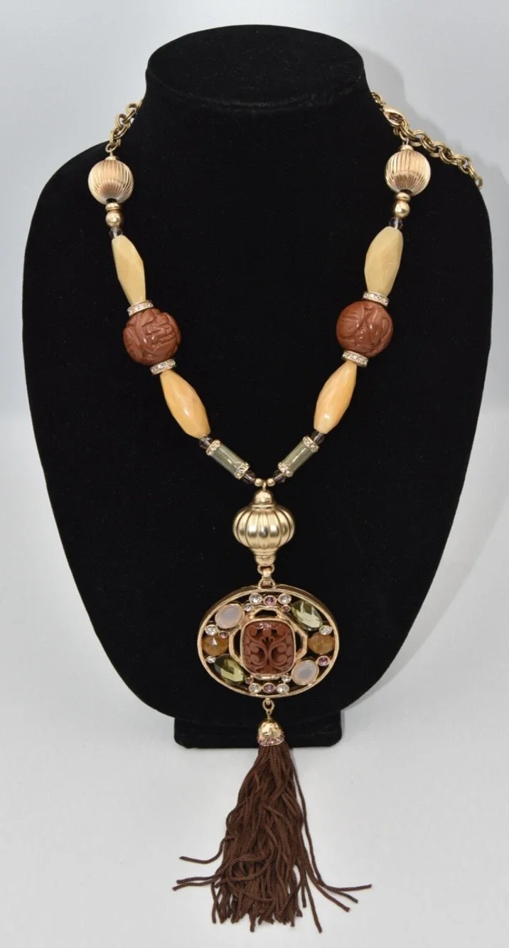 CHICO’S Mixmedia Tassel Rhinestone Embellished Chunky Costume Statement Necklace